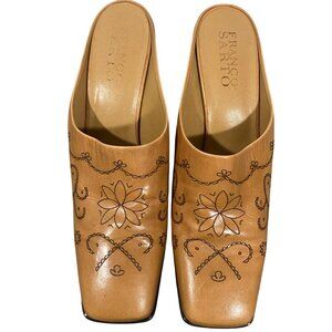 Franco Sarto Tan Leather Etched Slip-On Square Toe Block Heel Mules  Size 10